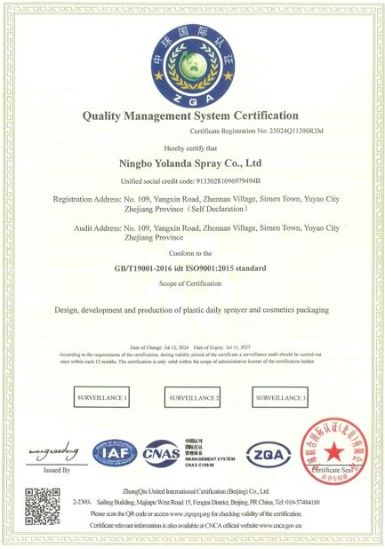 China Ningbo Yolanda Spray Co., Ltd. certificaten